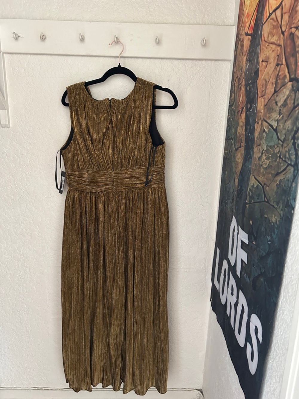 Guess Metallic Gold Pleated V-Neck Midi Dress - Picture 5 of 7